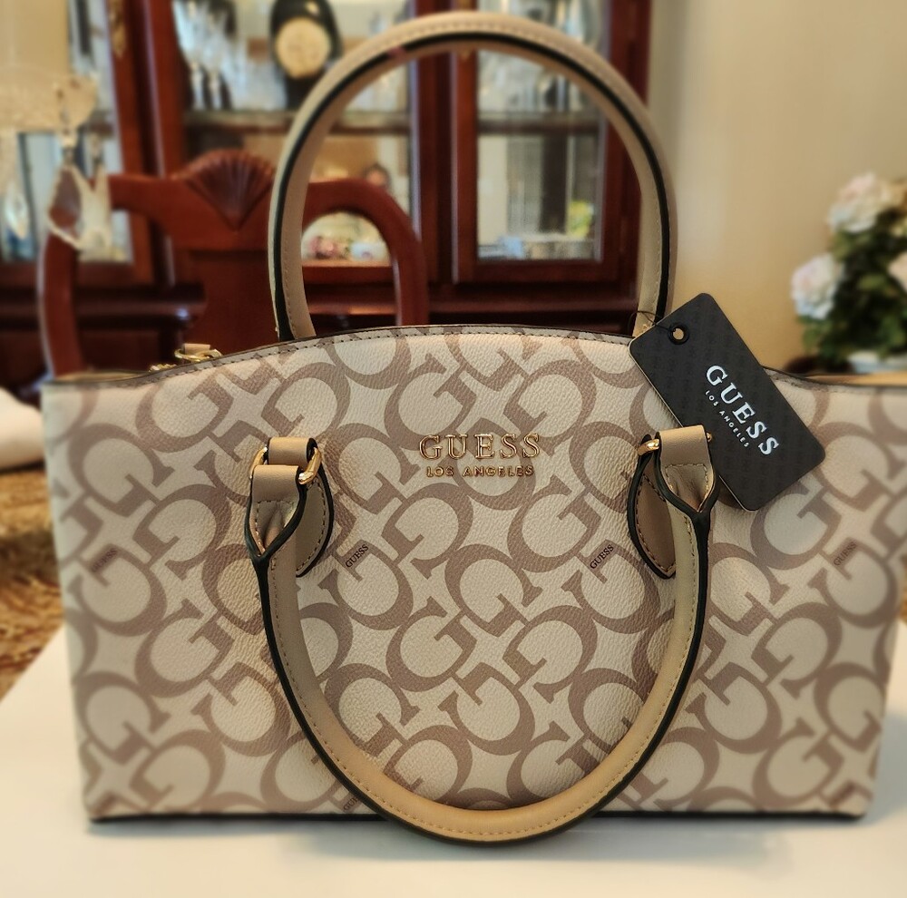 Guess Tan Logo-Print Satchel with Gold Hardware